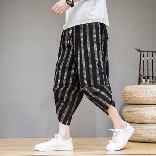 Calf-Length Cotton Pants Men Joggers Men Pants Striped Loose Streetwear Harem Pants Men Trousers 5XL Hip Hop 2021 Spring Autumn