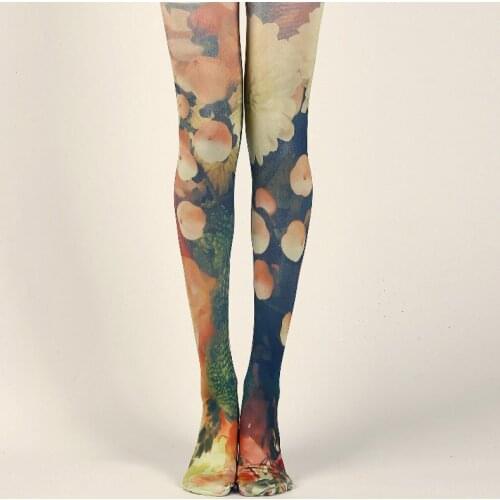 RUNNING CHICK Chrysanthemum Oil Painting Printed Retro Women Pantyhose Wholesales