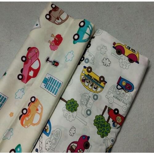Cute Beige Blue 40x50cm 2pcs Cartoon Car Cotton Fabric Bundle for DIY Sewing