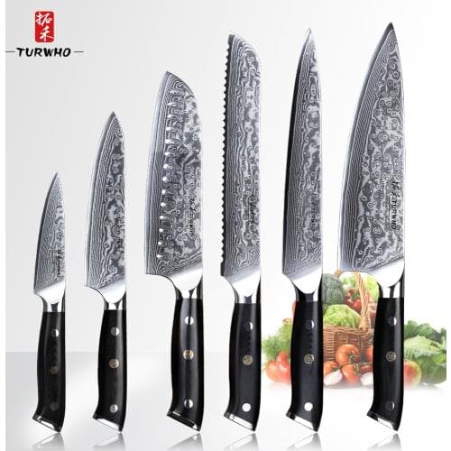 TURWHO 6 PCS Kitchen Knives Set VG10 Damascus Stainless Steel Sharp Chef Santoku Nakiri Slicing Paring Knife G10 Handle