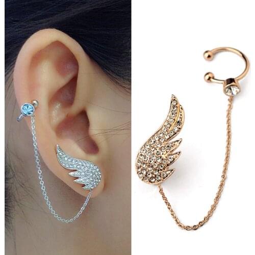 New Style Fashion Rose Gold Color Ear Cuff Earrings Exquisite Paved Top Zircon Angel Wings With Chain Stud Earring for Women