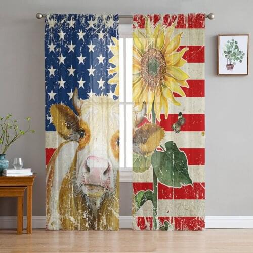 Sunflower Cow Farm Retro American Country Style Voile Tulle Sheer Curtains for Bedroom Living Room Kitchen Decor Window Curtain
