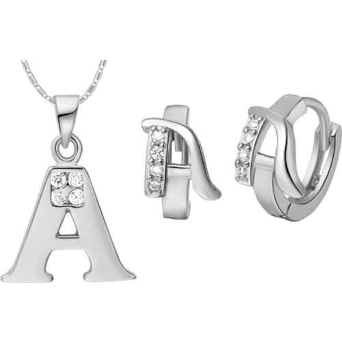 Romantic and Elegant Women White Gold Letter From A-T Wedding Jewelry Sets Cubic Zirconia Pendant Necklace Earrings Sets