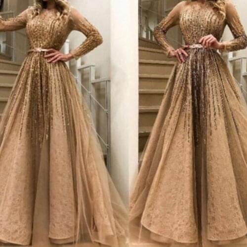 Champagne prom dresses 2021 long sleeve beading sequins crystal lace a line floor length evening dresses