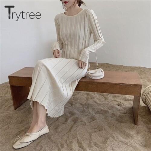 Trytree 2020 Autumn Winter Two piece set Casual O-neck Solid Knitting Slim fit Dress + Coat Cardigans Fashion Set 2 Piece Set