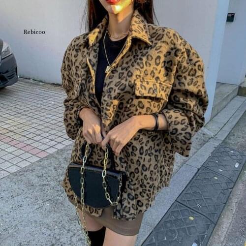 Spring Vintage Leopard Jacket Plus Size Casual Leopard Female Coat Winter Tops For Woman Clothes Elegant Wool Outwear