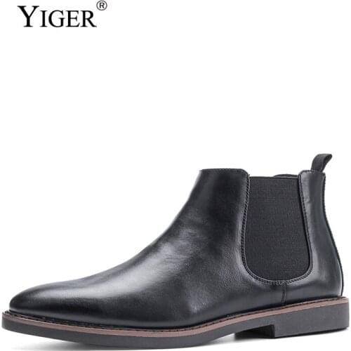 YIGER Men Chelsea Boots Ankle Boots British Business Casual Boots NEW Brand Martins Boots Male Slip on Large Size Leather Soft