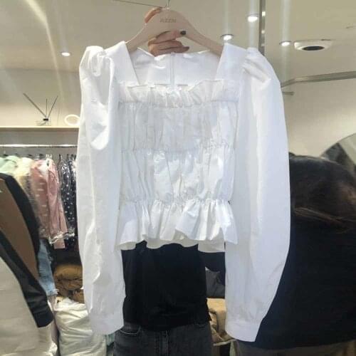 2021 Spring and Autumn New Vintage White Ruffled Slimming Shirt Ladies Square Collar Puff Sleeve Pullover Top for Female