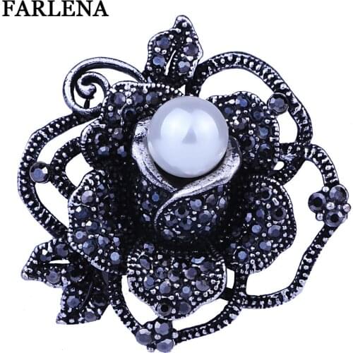 FARLENA Jewelry Vintage Simulated pearl Rose shape Brooch Black Crystal Rhinestones Brooches for Women