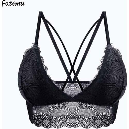 Fatimu Black Sexy Lace Bra Women Push Up Adjustable Straps Wireless Bralettes Lady Semi-sheer Soft Breathable Female Underwear
