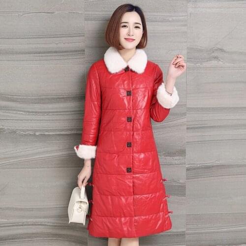 Genuine Jacket Women Real Sheepskin Leather Down Coat Mink Fur Collar Winter Warm Thick Parkas OT1206 MF545