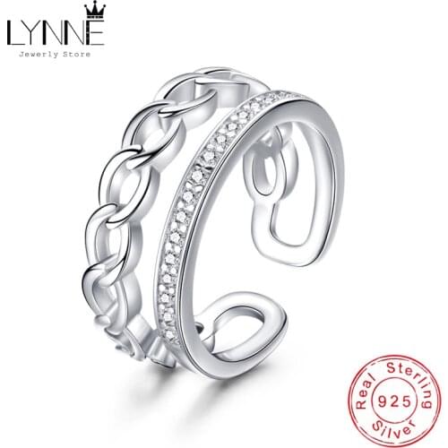 Fashion Creative Link Chain Features Double Layers Rings 925 Sterling Silver Rhinestone Resizable Ring Women Trend Party Jewelry