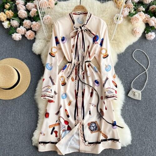 2021 Spring Autumn New Fashion runway dress Elegant European Womens Vestidos Lace Bow Tie Printed Slim Midi Dress 8579