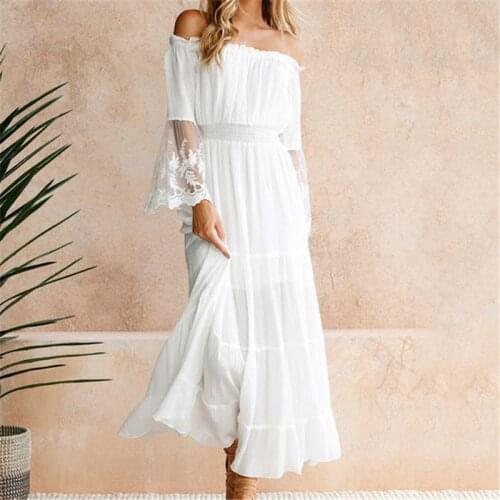 Elegant White Off Shoulder Long Maxi Dresses for Women Summer 2021 Lace Patchwork Chiffon Dress Beach Wear Boho Holiday Dress