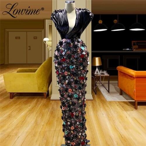 Lowime Black Deep V Neck Evening Dresses Gowns 2021 Beading Dubai For Women Party Dress Mermaid Prom Dress Robe de Soiree