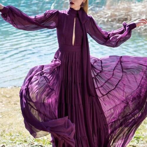 Autumn Vintage Purple Chiffon Long Women Dress 2020 Runway Designers Elegant Bow Long Sleeve Pleated Maxi Dress