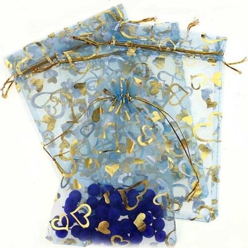 17*23cm 100pcs Light Blue Gold Heart Gift Bags For Jewelry/wedding/christmas Yarn Bag With Handles Packaging Organza Bags