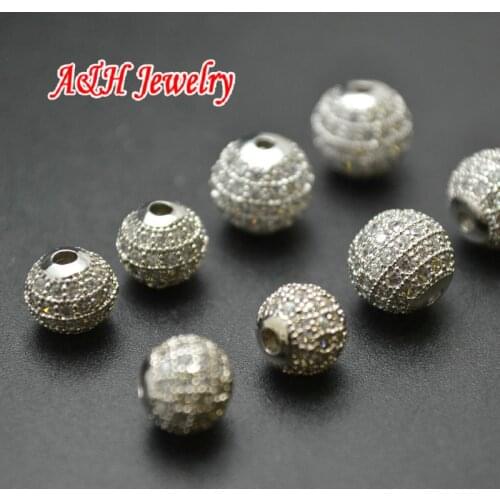 20pcs Silver Plated 8~10mm Round Shape Beads High Quality Rhinestone Paved Surround DIY Findings