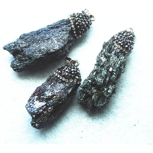 2PCnatural coal crystal mine stone irregular shape nature shape size about 25-40mm with rhinestone stone pendants women necklace