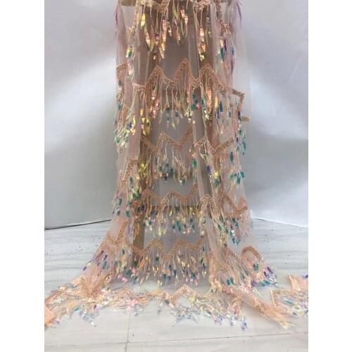 5yards/pc) Very beautiful long sequins tassels French net lace fashion African party lace fabric with embroidery FSS379