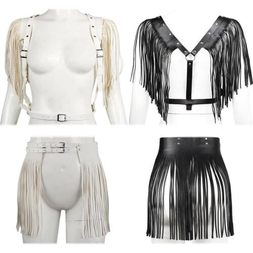 Faux Leather Body Bondage Straps Shoulder Tops Tassel Mini Skirts Sexy Punk Party Outfits Gothic Corset High Waist Ladies Dress