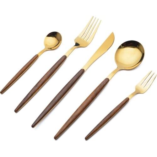 Retro Wooden Handle Stainless Steel Dinnerware Gold-Plateing Elegant Western Food Fork Spoon Knife Tableware