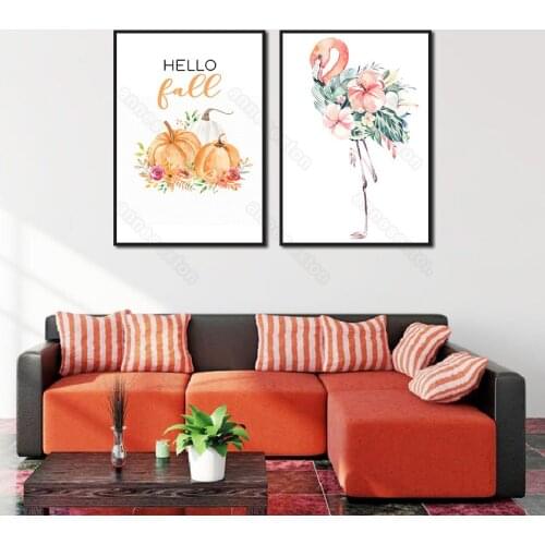 Modern Style Canvas Painting Poster Print Orange Crane and Flowers Pumpkin Quote Hello for Home Rooms Gallery Wall Decoration