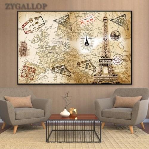 World Map with Postmark and Elfi-tower Posters Canvas Art Painting Modern Decor Wall Pictures for Living Room Decoration tableau