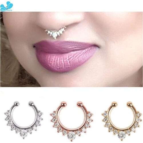 1Pc India Style 1.2*8mm Titanium Alloy AAA Zircon Gem Fake Nose Ring Septum Piercing Hanger Clip On Men Women Body Jewelry
