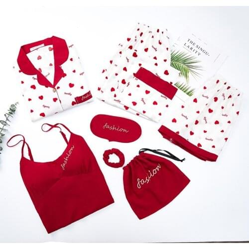 7 Pieces Womens Pajamas Sets Viscose Love Heart Printed Pyjama Women Sleepwear Sets Spring Summer Autumn Homewear Pyjamas Set