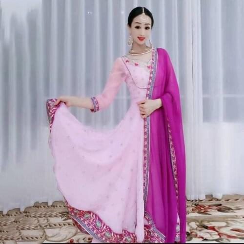 New Indian Dance Costume Oriental Dance Long Dress For Women Pakistan Pink Saree 3 Piece Suit Bollywood Dance Clothing DQL6017