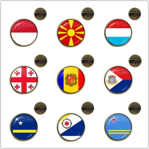 MCO,Macedonian, Luxembourg, Georgia, Andorra, Eilandgebied Sint Maarten,Curacao,Bonaire, Aruba Nation Flag Glass Brooches Pins