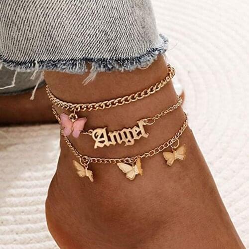 Boho Layered Anklet Gold Butterfly Anklets Beach Crystal Ankle Bracelet Set Angel Pink Pendant Foot Jewelry Chain Women Girls