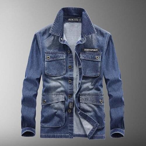 Mcikkny New Arrival Mens Spring Autumn Denim Shirts Long Sleeves Multi Pockets Jeans Shirts For Male Cotton