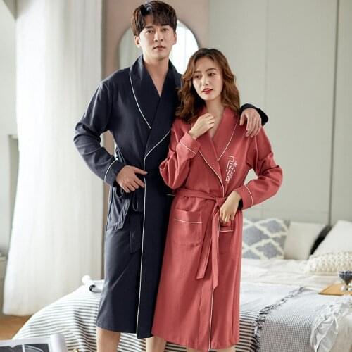 Newest 100% Cotton Soft Robe Couples Long Bathrobe Sexy V-Neck Women Kimono Nightgown Lounge Sleepwear Bath Robe