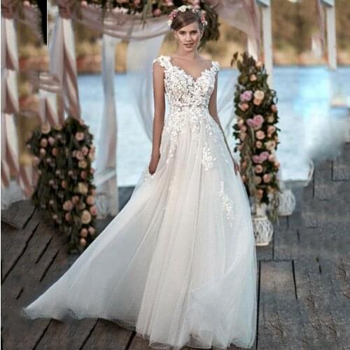 Princess 3D Floral Appliques A-Line Boho Wedding Dress Sleeveless Appliques Backless Bride Dress Wedding Gowns Vestido De Noiva