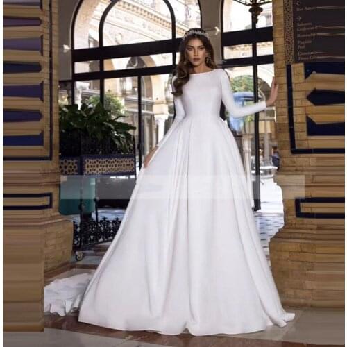 Modest Scoop Long Sleeves A-Line Wedding Dresses Garden Long Bridal Gowns Custom Made Formal White Robe De Mariee Simple