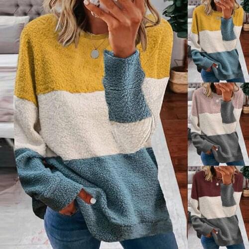 Casual 2020 Autumn Winter Women Sweaters O Neck Plush Color Block Pullovers Long Sleeve Female Knitted Sweater Femme Pullover