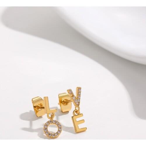 Romantic Initial Letter LOVE Zircon Stud Earring Gold Color Piercing Earrings for Women Girls Gift Wedding Engagement Jewelry