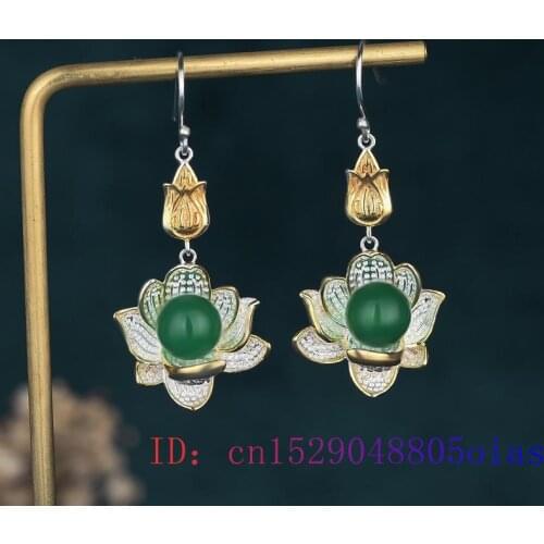 Green Jade Lotus Earrings Natural Amulet Gemstone 925 Silver Zircon Jewelry Women Fashion Crystal Chalcedony Gifts