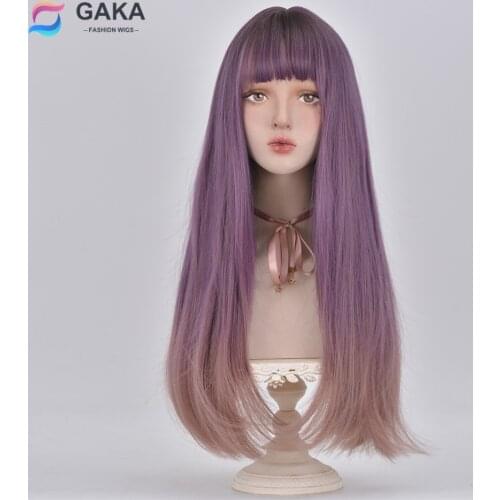 GAKA Ombre Purple Pink Synthetic Wigs with Bangs Straight Light Orange Natural Womens Wigs Heat Resistant Fiber Hair