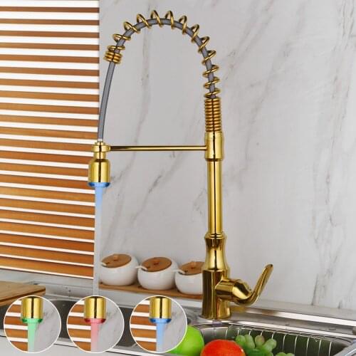 LED light kitchen sink faucet Brass gold swivel and pull out spout for flexible faucet Cold & Hot Water mixer tap