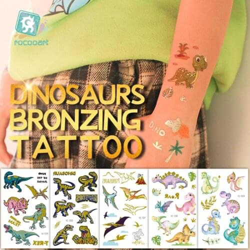 Rocooart Glitter Powder Tattoos Children Cartoon Dinosaurs Temporary Body Stickers Disposable Fake Tatto For Kids Bronzing Taty