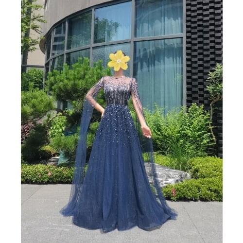 Dark Blue Long Luxury Host Dress Party Dresses For girls gowns with diamond Handmade With Cape Sleeves Women Party Gowns