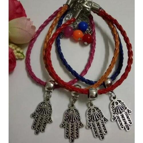 Fashion Vintage Hamsa Hand Fatima Glass Beads Charm Mix PU Leather Cords Protection Good Luck Bracelets&Bangle DIY Jewelry