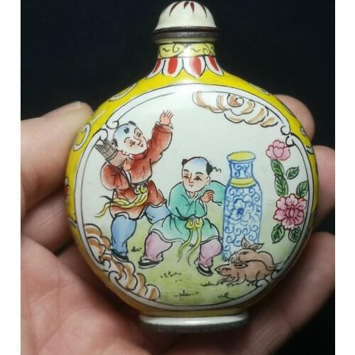 YIZHU CULTUER ART Collection Old China Copper Cloisonne Snuff Bottle Painting immortal Boy Decoration Gift
