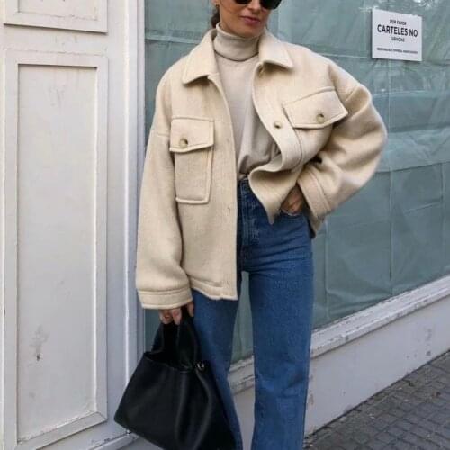 PUWD Casual Woman Beige Loose Knitted Fleece Shirt Coat 2021 Spring Fashion Ladies Oversized Outwear Female Oversized Jackets