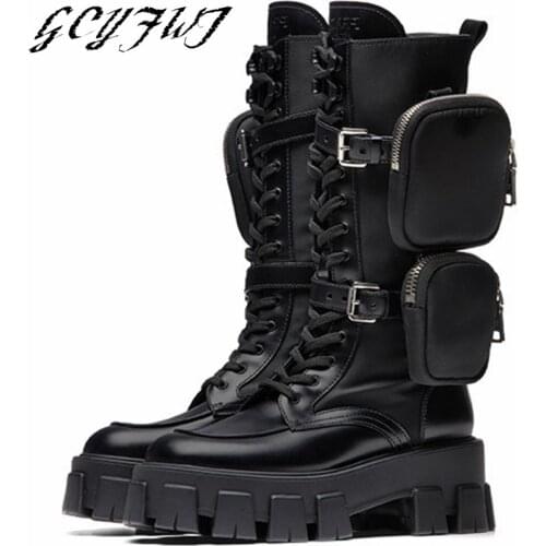 Pocket Bag Womens Mid Calf Boots Flat Platform Round Toe Buckle Women Shoes Cross-tied Zipper-Sid Thick Bottom Zapatos De Mujer