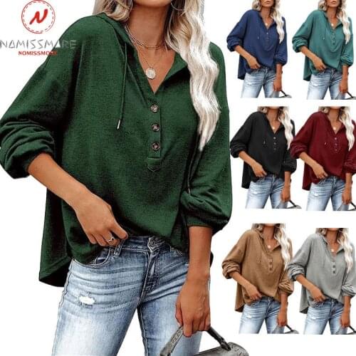 Fashion Women Solid Color Hoodies Hooded Design Button Decor V-Neck Long Sleeve Spring Autumn Casual Loose Pullovers Top