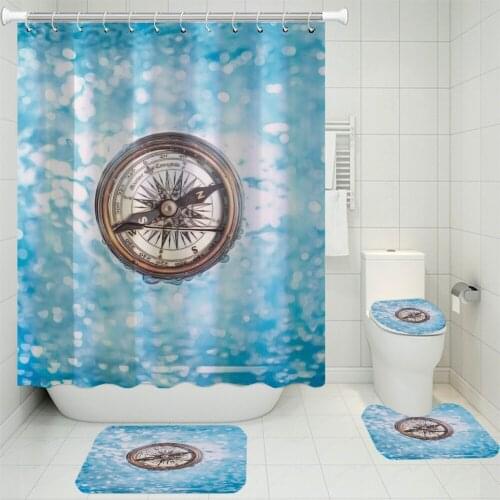 3/4 Pieces Compass Shower Curtains Sets Nautical Artifact Carpet For Gift Toilet Mat 3D Print Blue Ocean Bathroom Non-slip Set
